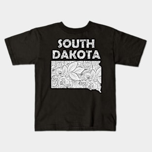 Mandala art map of South Dakota with text in white Kids T-Shirt